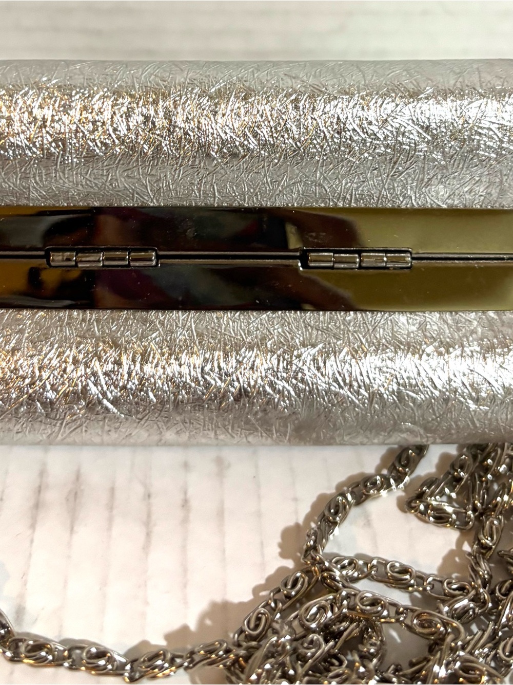Silver Metallic Top-Handle Evening Bag with Chain - Picture 4 of 6